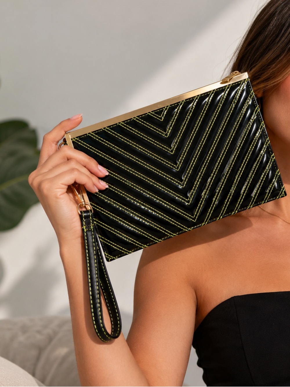 Black Patent Faux Leather Wristlet Clutch Neon Chevron Stitching Gold Hardware